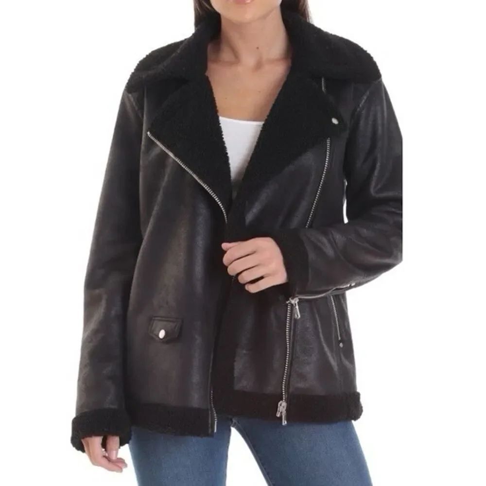 Avec Les Filles Faux Shearling Biker Jacket Black Moto Coat 2XL